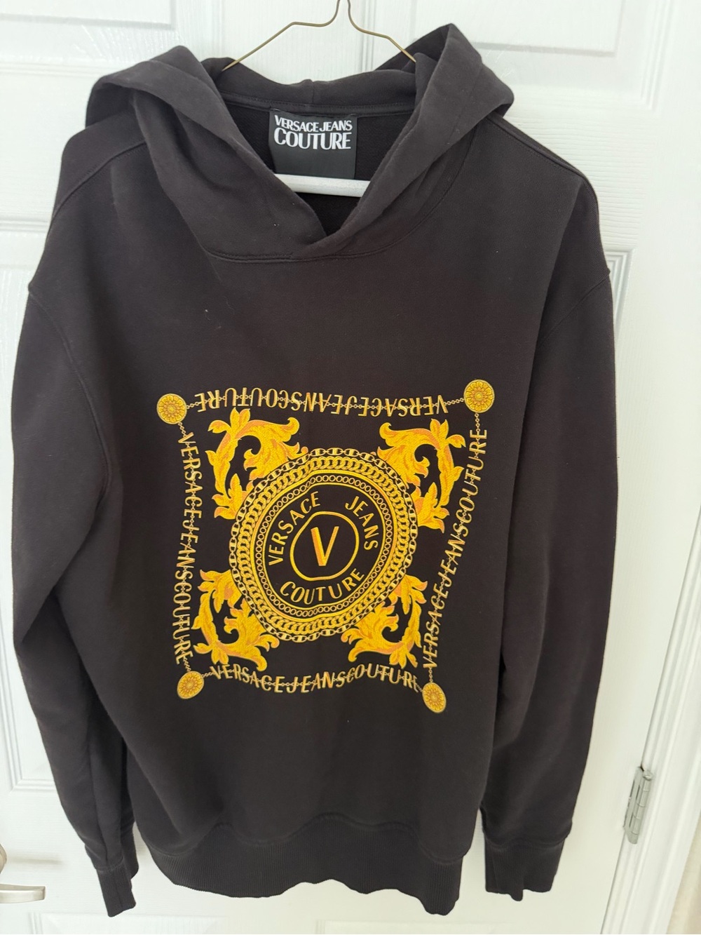 Versace Jeans Couture Black Hoodie with Gold Baroque Emblem